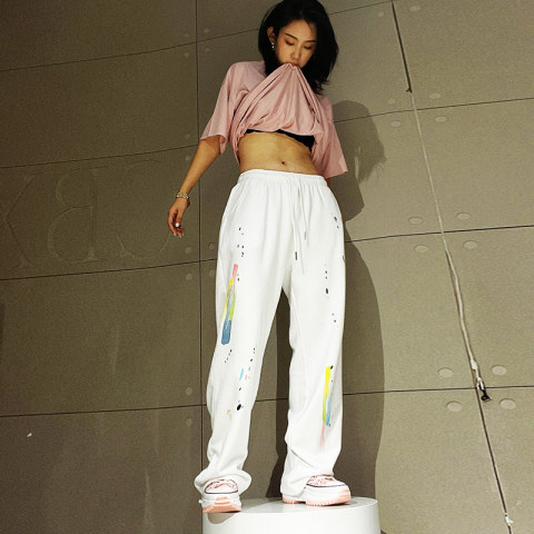  summer new white color splash pants loose hip-hop Jazz hip-hop sports fashion wide leg casual pants