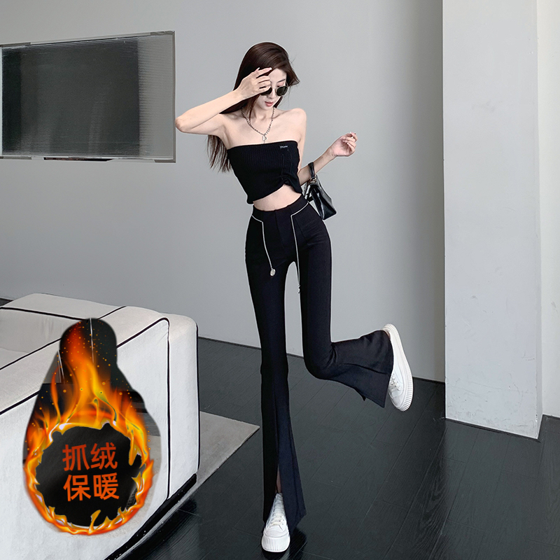 Thickened niche design fashion chain high waist black casual pants women's 2022 autumn and winter split micro flared pants