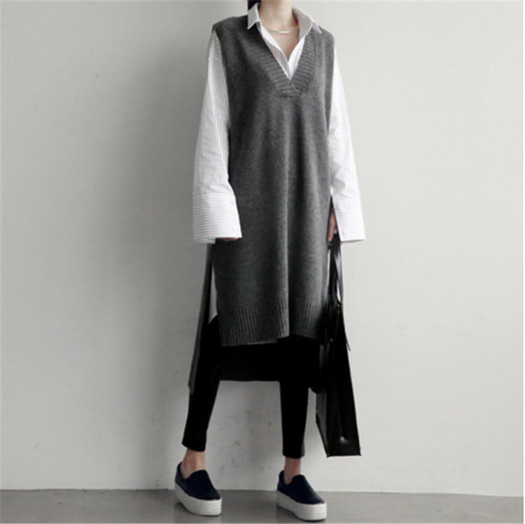 2020 Korean ins sweater vest front short back long vest skirt knitted V-neck thickened medium length wool dress