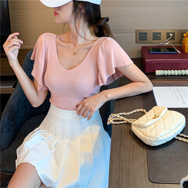 Lotus sleeve Knitted Top summer new slim V-neck elegant net red T-shirt candy color short sleeve blouse