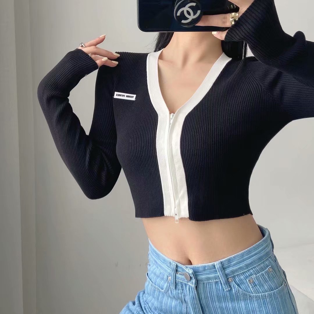 Early autumn Spice Girls contrast color short knitting machine cardigan