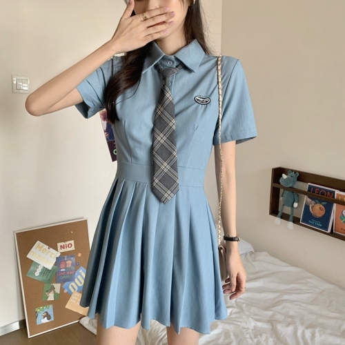 Real shot real price ~ Korean college Polo neckline pleated skirt uniform dress with tie