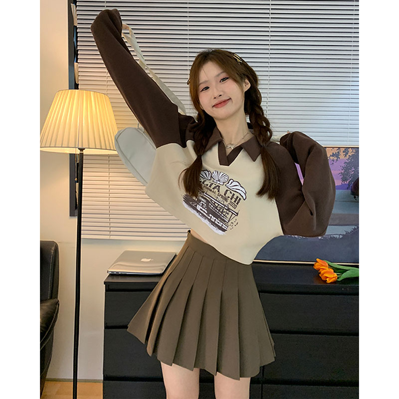 American retro POLO collar short sweater women's 2022 autumn new print color matching long-sleeved sweater top