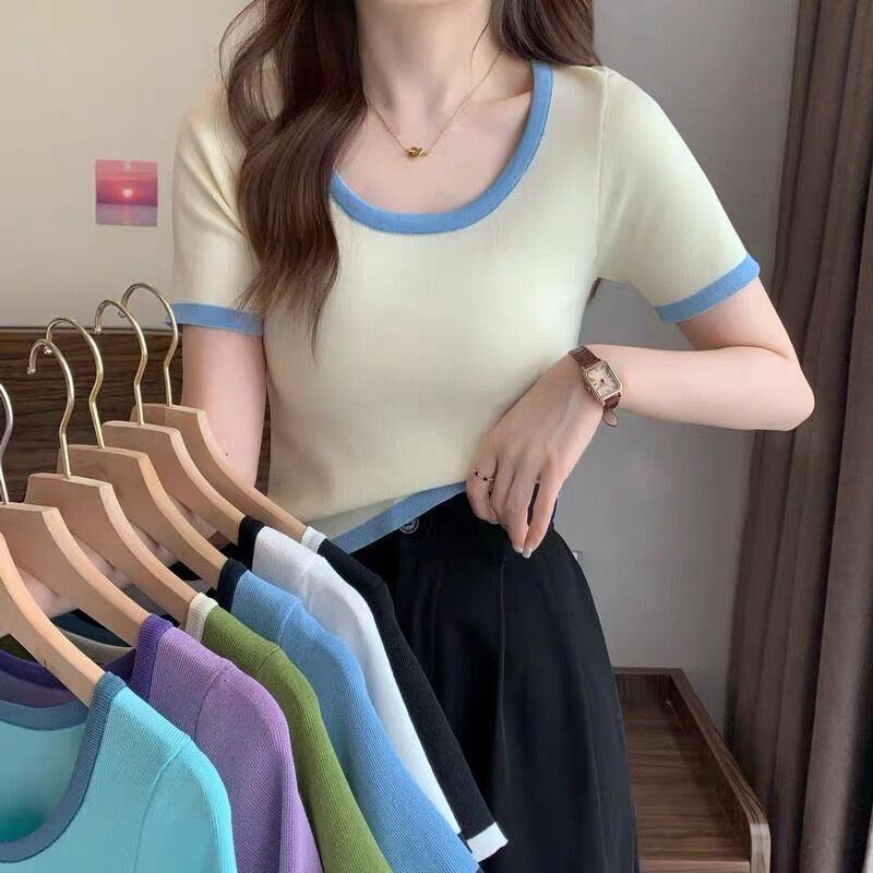 Color matching straight shoulder short sleeve T-shirt women's ins fashion summer 2022 new fashion foreign style fashionable bottoming shirt upper clothes