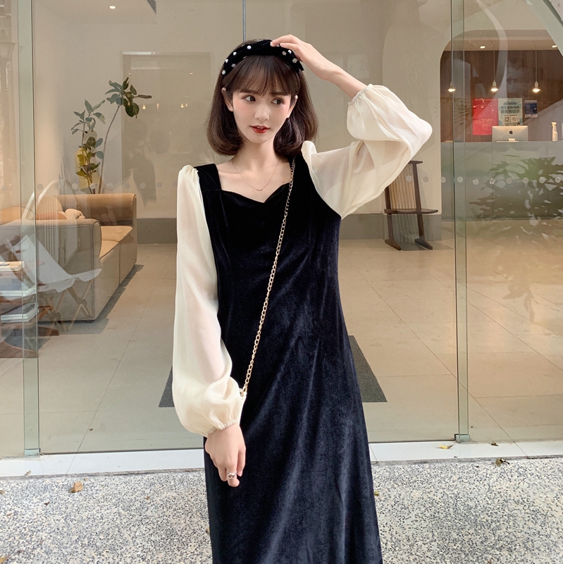 Real shot ~ autumn golden velvet dress French square neck bubble sleeve waist thin dress m-4xl200 Jin