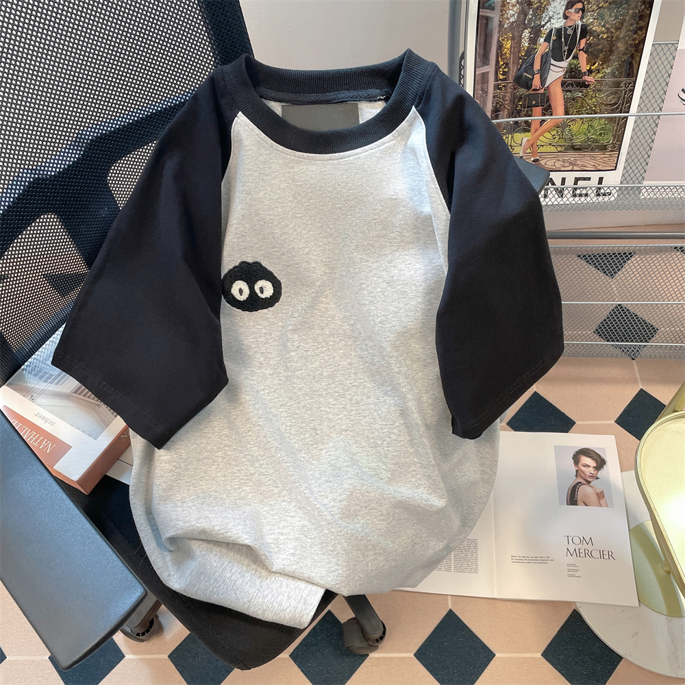 Embroidered pure cotton 210g combed tightly 240 catties large size Hong Kong style color matching T-shirt