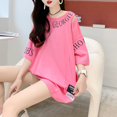 Real shooting fried street trend Korean version 65 cotton mid-length new print off-the-shoulder short-sleeved t-shirt women's large size women's top