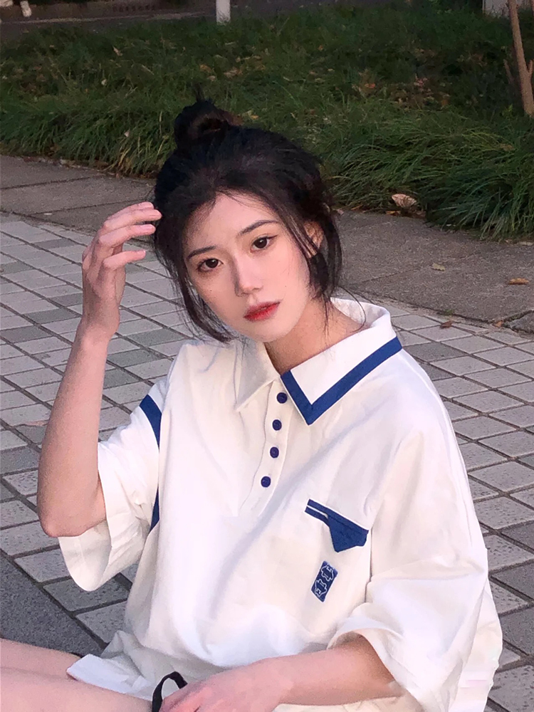 2022 summer new Korean college style large women's loose and versatile polo collar printed short sleeve T-shirt women