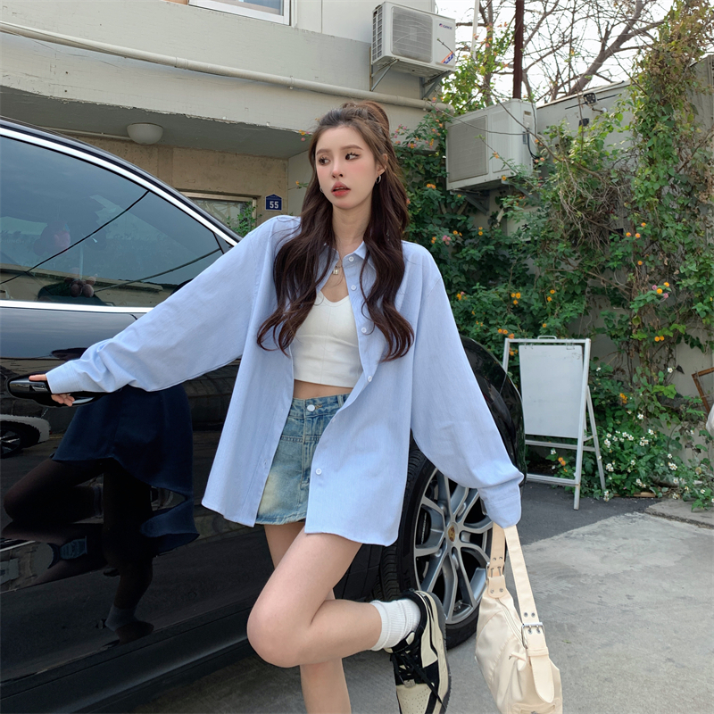 Autumn new Korean chic blue striped sun protection clothing, chic long-sleeved French shirt, high-end sense for women