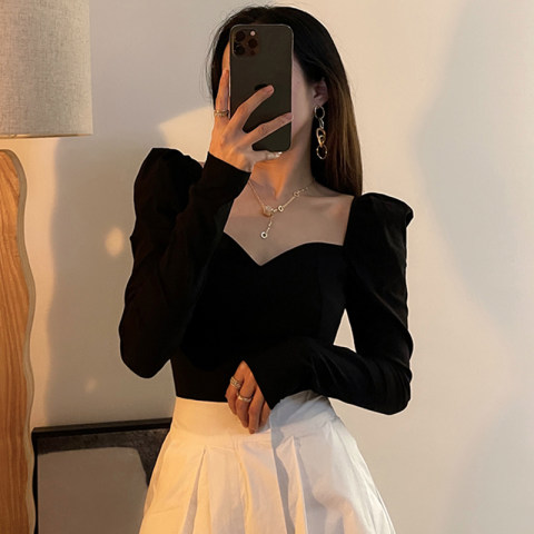 Large size women's autumn and winter retro square collar puff sleeve T-shirt female fat MM waist slimming short top bottoming shirt