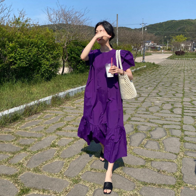 Korean violet loose hem stitched Ruffle bubble sleeve dress