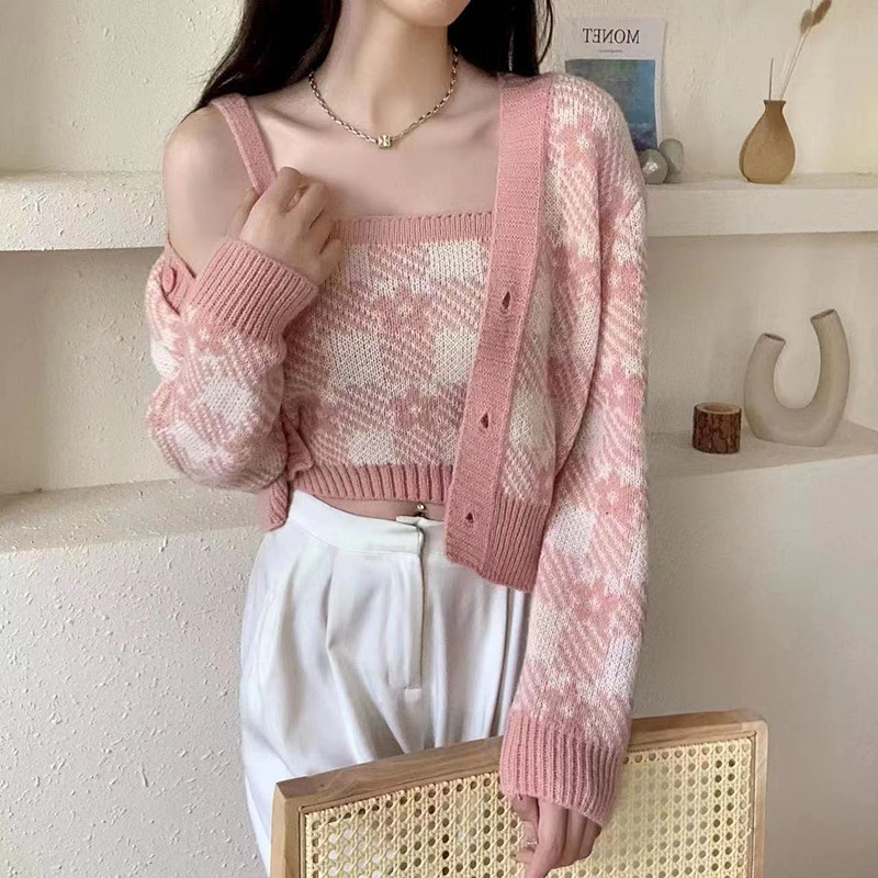 Hong Kong-style girl checkerboard small flower knitted camisole vest long-sleeved cardigan jacket two-piece hot girl short top