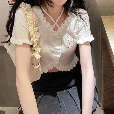 The spice girl milk bear knitted short sleeve top women's thin T-shirt summer high waist short 2022 NEW