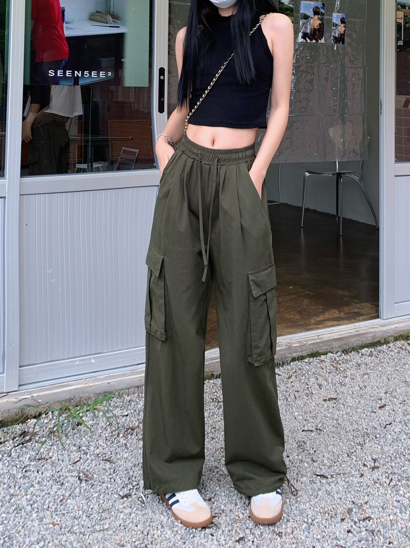 Real price ~ New American retro loose drawstring legged high waist straight tube wide leg overalls in summer