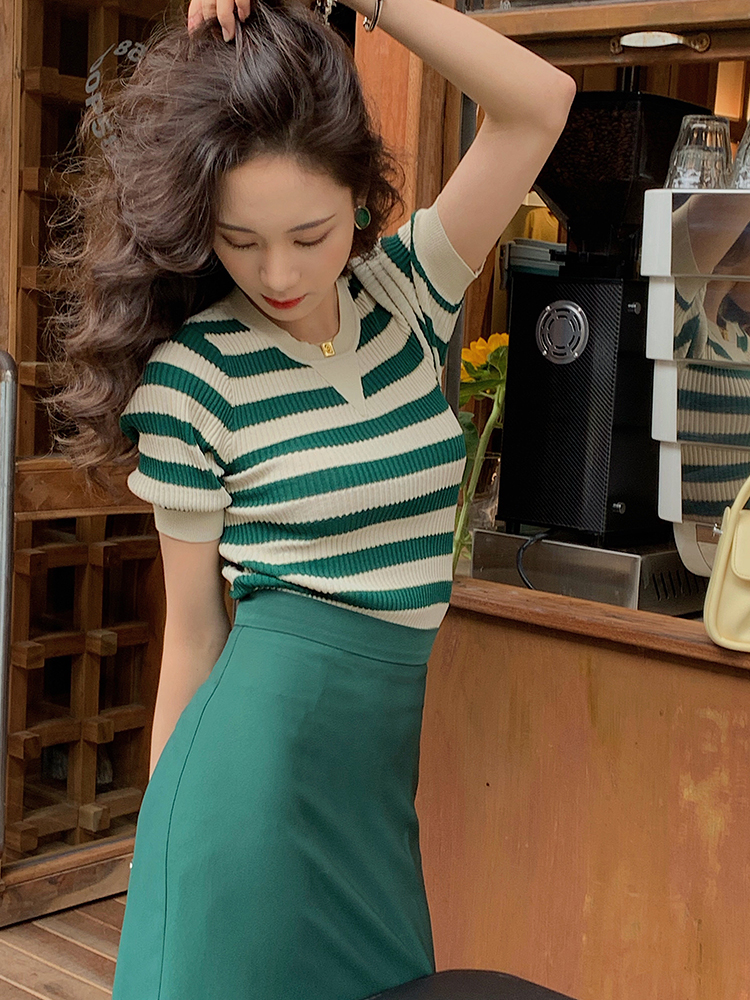 Xu Daqing French retro stripe ice silk T-shirt women's summer short slim stretch T-shirt