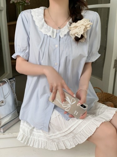 Pure cotton real shot summer new style puff sleeve blue short top design short sleeve doll collar shirt for women