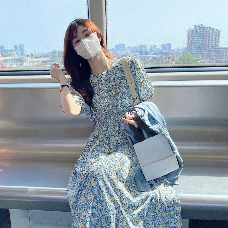 Good quantity small fresh bubble sleeve floral dress women's summer 2021 new French air length skirt