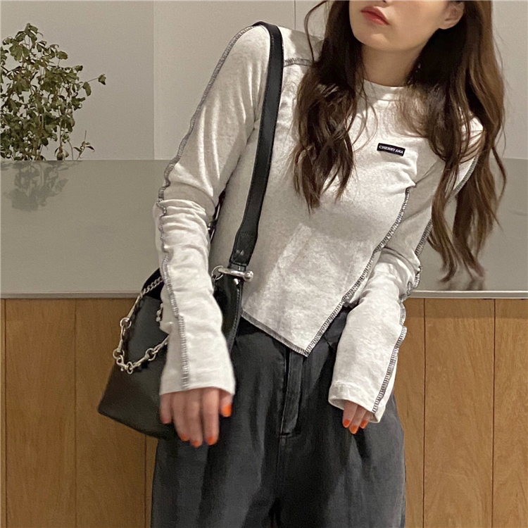 Fashionable autumn new design small irregular scheming hot girl cotton short long-sleeved T-shirt student top