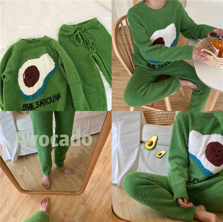 Real shot thickened Avocado Green Soft pajamas thickened suit home clothes female autumn and winter