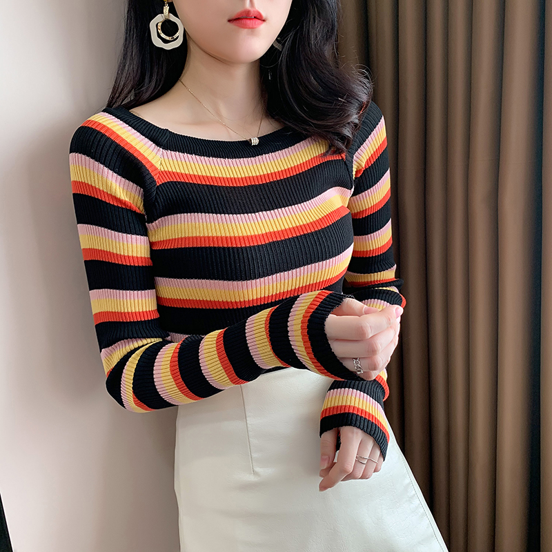 Real shot Rainbow Stripe long sleeve bottoming shirt TIGHT SKINNY women's T-shirt with color matching stripes and Hong Kong Style T-shirt