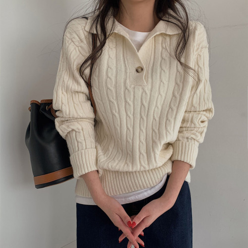 South Korea lazy wind soft waxy versatile thin outside wearing a twist sweater top Lapel Polo Vintage knitting