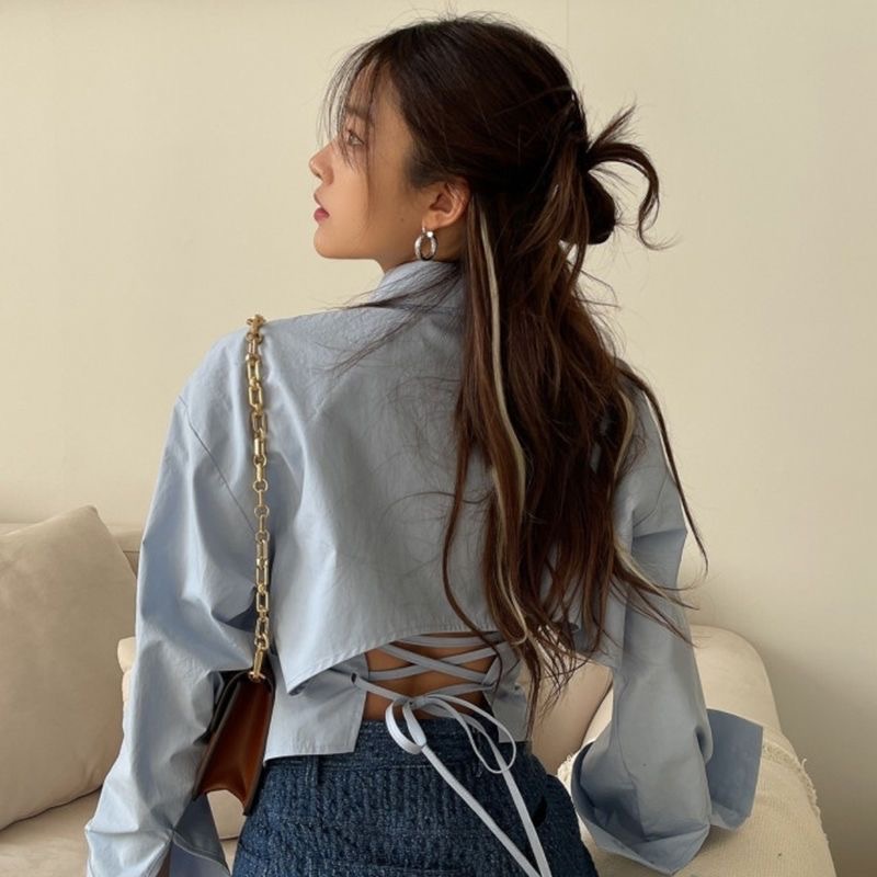 Korean spring niche temperament lapel open back cross straps