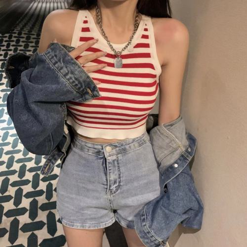 Hong Kong style new striped chest wrap vest suspender women's summer sweet and spicy ins outer wear short sexy inner wear top