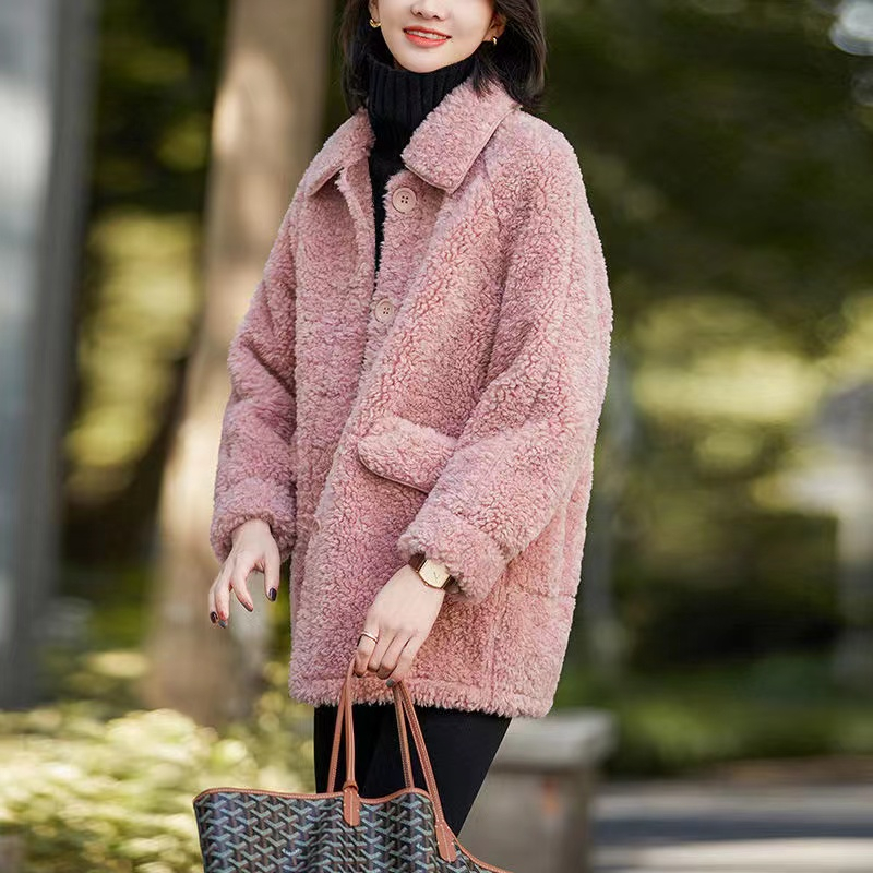 Coat women's autumn and winter new Korean version plus velvet thick mid-length imitation lamb wool lapel loose cotton jacket