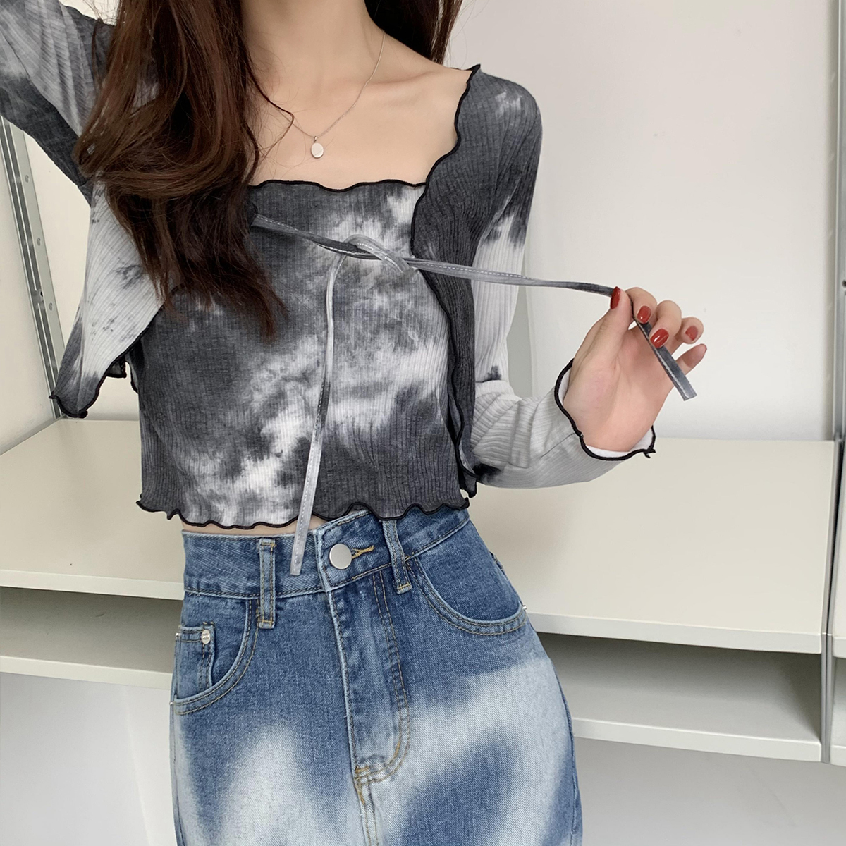 Real price tie dyeing temperament versatile cardigan sunscreen + bra two-piece set