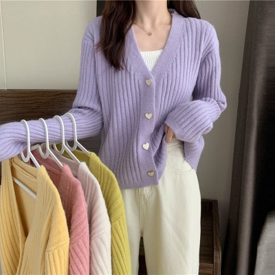 Pink v-neck sweater women's 2022 early spring and autumn new short loose top gentle lazy knitted cardigan coat