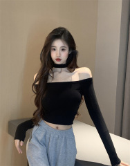 Hot girl sexy pure desire off-shoulder slim short bottoming shirt one-shoulder long-sleeved T-shirt top for women