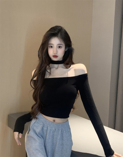 Hot girl sexy pure desire off-shoulder slim short bottoming shirt one-shoulder long-sleeved T-shirt top for women