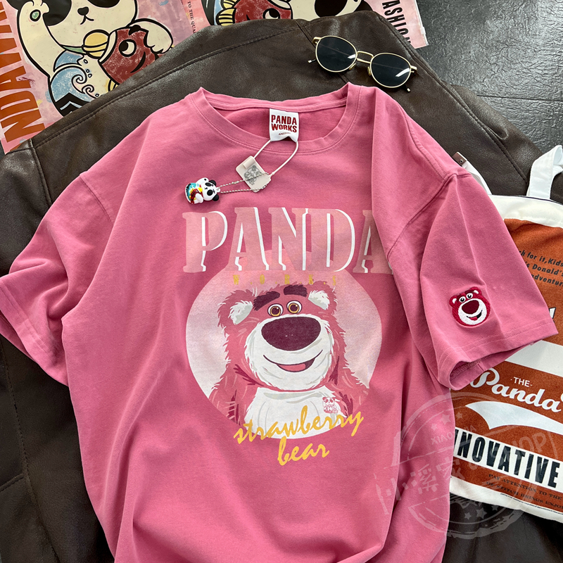 Pack collar pure cotton dropped shoulders pure cotton retro strawberry bear print half-sleeved T-shirt loose