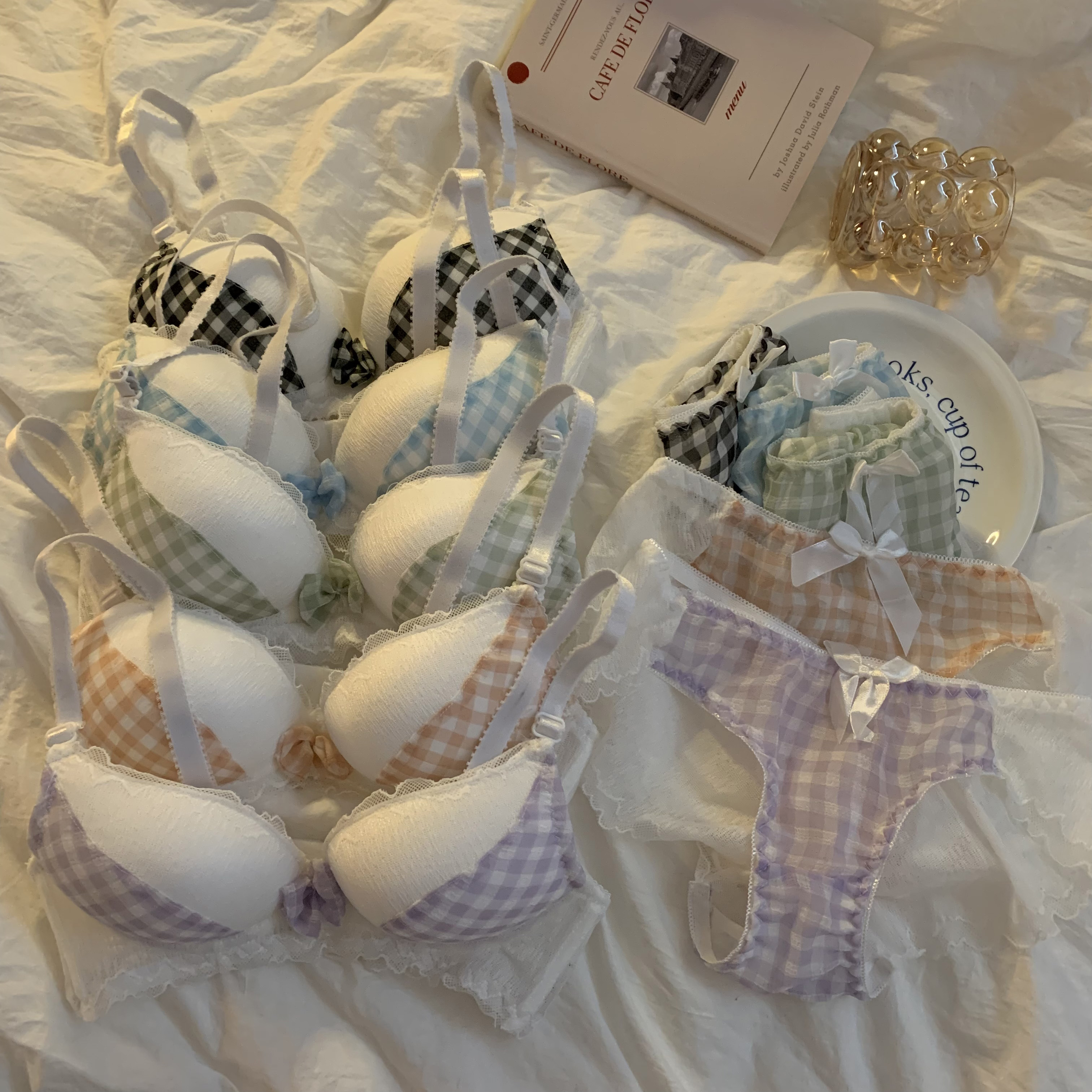 Real price ~ splicing lattice gathered no steel ring bra set, women's upper support small bra and auxiliary breast underwear