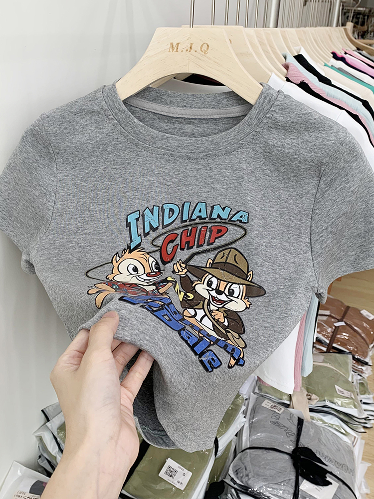 Official picture special price~ pull frame T-shirt women's 2023 spring style design sense slim fit and thin short top
