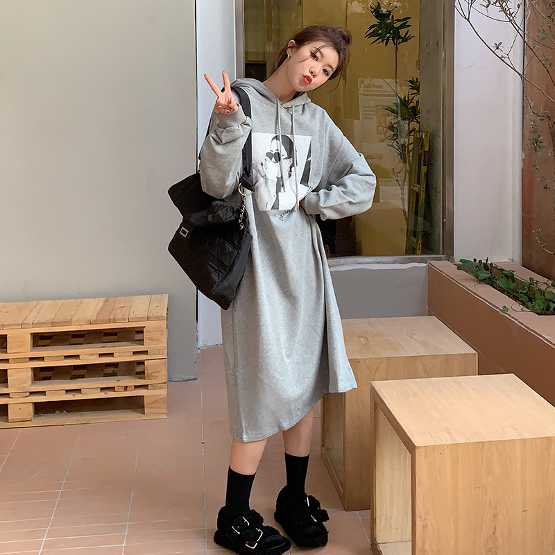Real shot velvet thickened double hat retro print long knee-length sweater dress women