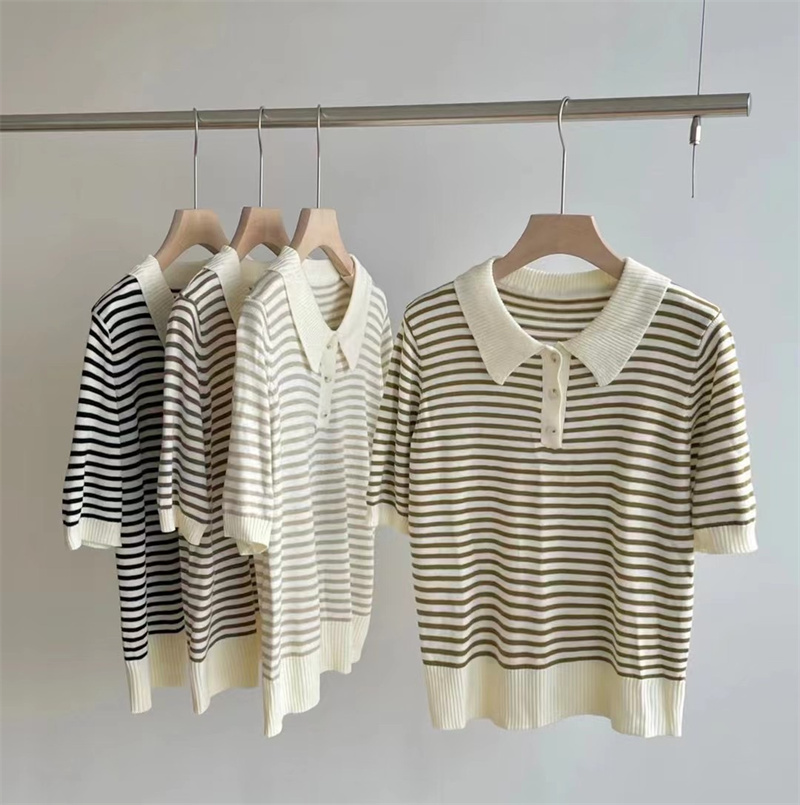Real shot~French lapel ice silk short-sleeved striped polo sweater