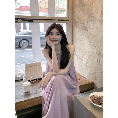 French first love gentle purple halterneck suspender dress summer women's holiday style loose slimming A-line long skirt