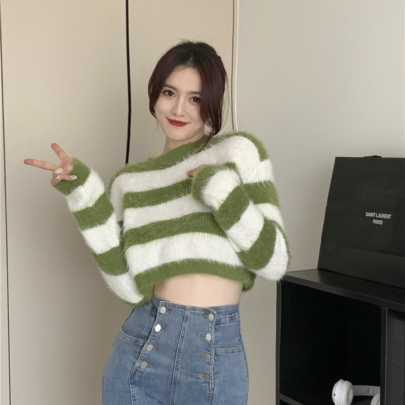 Imitation mink striped short top for women spring loose high-end retro lazy style soft waxy pullover sweater