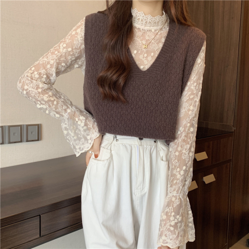 Real price new vintage sweater knitted vest with vest ➕ Lace high collar backing