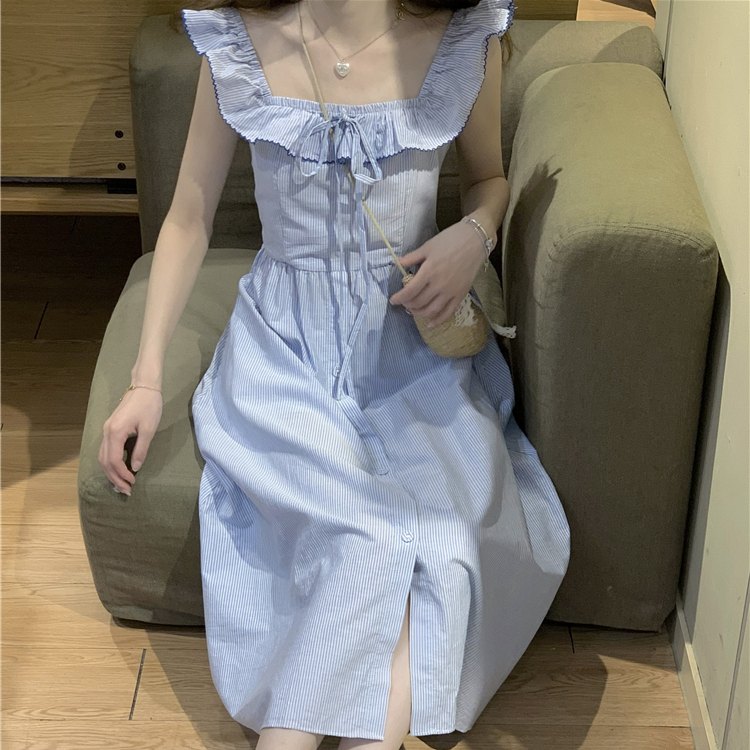 Blue striped flying sleeve dress women's summer 2023 new tie-up square collar waist mid-length A-line skirt trendy