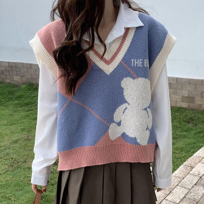 Bear vest knitted spring 2021 new style little fresh college style retro coat sweater blouse women's wear
