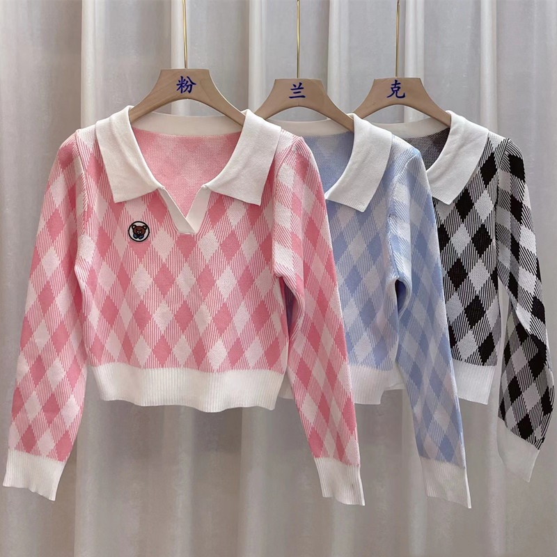 Lingge sweater women's autumn new retro college style polo collar fashion plaid hot girl loose all-match top