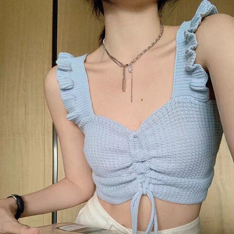 Pure lust hottie knitted suspender design niche female summer outer wear sexy blue vest short V-neck top