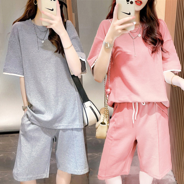 Casual sports style T-shirt set women's 2021 summer Korean fashion short sleeve top five point trousers two piece set fashion