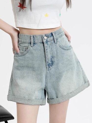 FYQ-Summer denim shorts for women 2024 new high-end European curled hot pants high waist