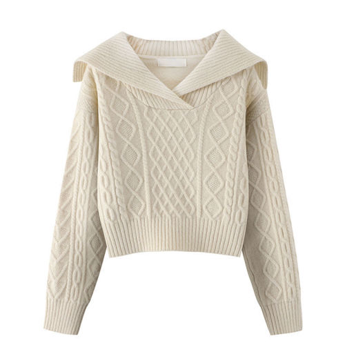 Design sense niche sweater women's high waist short large lapel spring autumn and winter new doll collar sweater sweater top