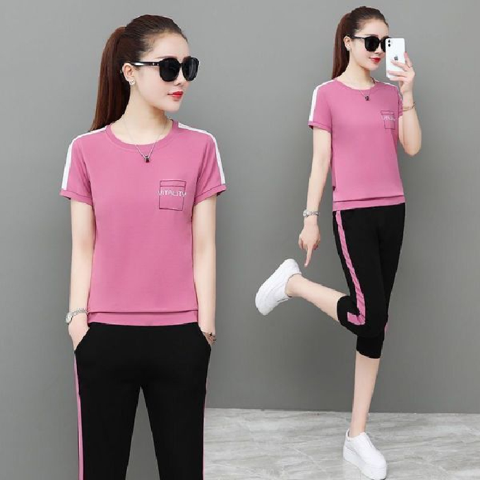 Summer new leisure sports suit large student simple fashion short sleeve Capris women's wear