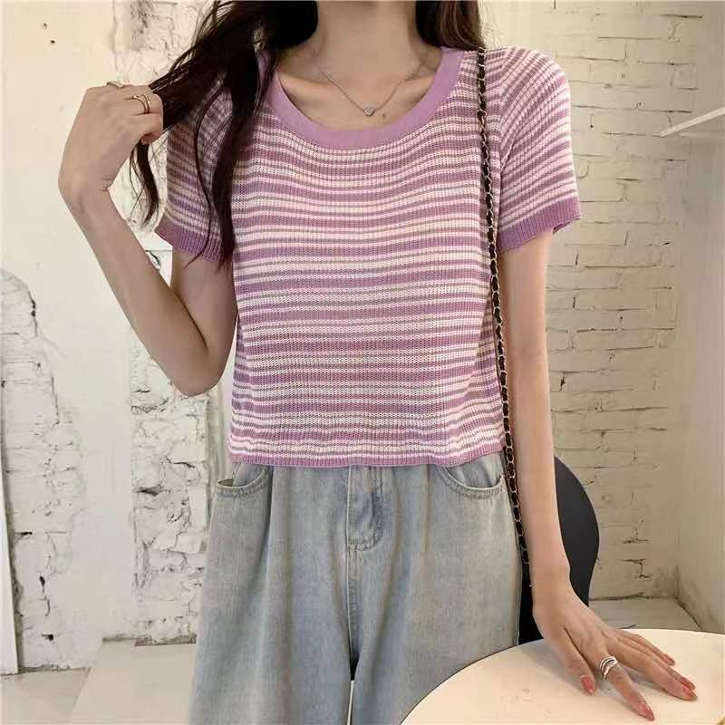 2022 new Korean versatile slim simple striped sweater short sleeve top women