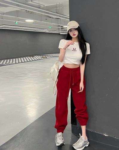 Real shot real price spring and summer fashion embroidery slim short T-shirt women's high waist sports casual pants suit